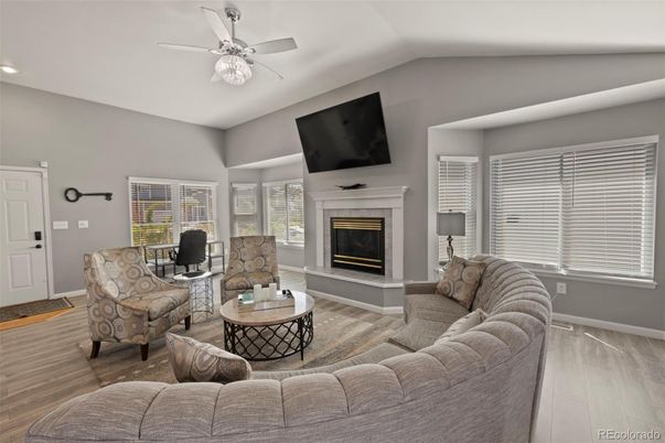 Fireplace, Interior, Living room, Recessed Lighting, Wood Texture Flooring