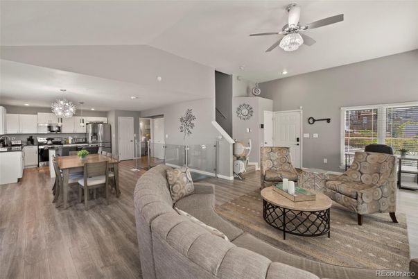 Chandelier, Dining room, Interior, Kitchen, Living room, Recessed Lighting, Stainless Steel Appliances, Wood Texture Flooring
