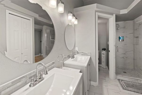 Bathroom, Dual Sink Vanities, Glass Shower, Interior, Marble, Marble Walls