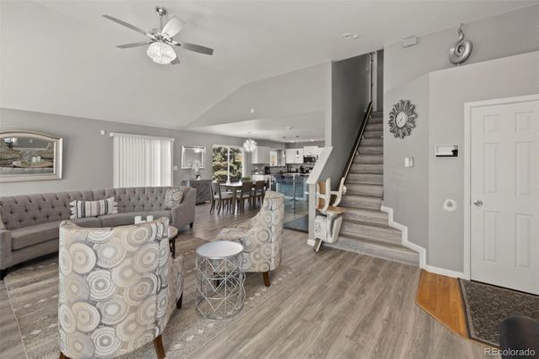 Dining room, Interior, Kitchen, Living room, Recessed Lighting, Wood Texture Flooring