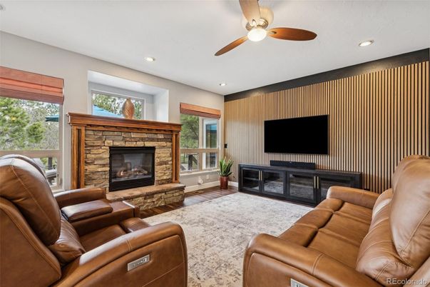 Fireplace, Interior, Living room, Recessed Lighting, Wood Texture Flooring