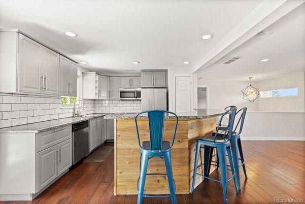 Interior, Kitchen, Pendant Lights, Recessed Lighting, Wood Texture Flooring
