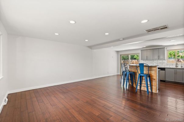 Empty room, Interior, Kitchen, Recessed Lighting, Wood Texture Flooring
