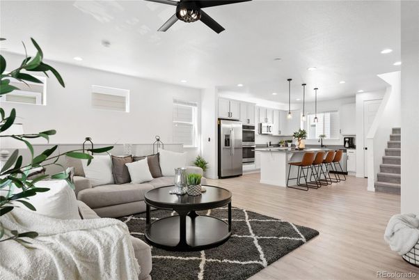 Interior, Kitchen, Living room, Pendant Lights, Recessed Lighting, Stainless Steel Appliances, Wood Texture Flooring