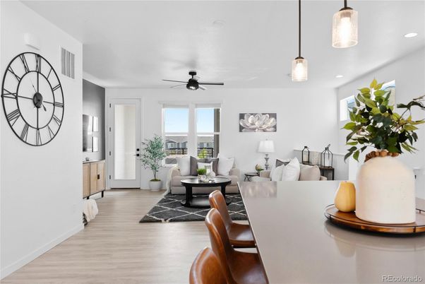 Dining room, Interior, Living room, Pendant Lights, Recessed Lighting, Wood Texture Flooring