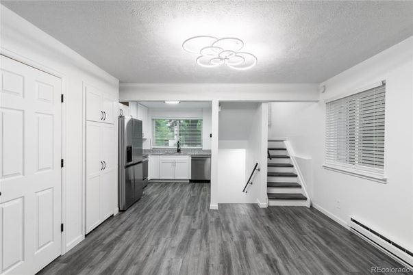 Interior, Kitchen, Pendant Lights, Stainless Steel Appliances, Wood Texture Flooring