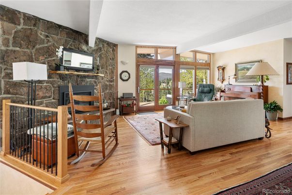 Fireplace, Interior, Living room, Stone Walls, Wood Texture Flooring
