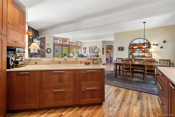 Dining room, Interior, Kitchen, Pendant Lights, Wood Texture Flooring
