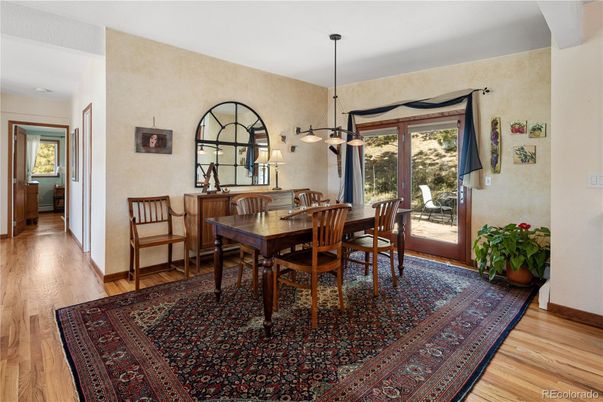 Dining room, Interior, Pendant Lights, Wood Texture Flooring