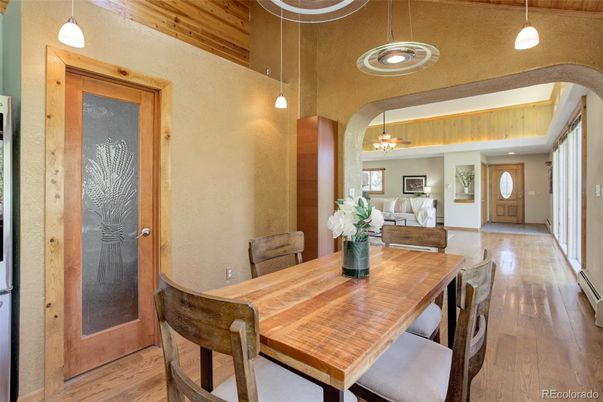 Dining room, Interior, Living room, Pendant Lights, Wood Texture Flooring