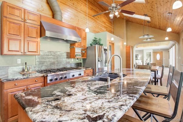 Dining room, Interior, Kitchen, Pendant Lights, Recessed Lighting, Stainless Steel Appliances, Wooden Ceilings