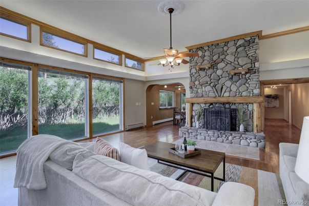 Fireplace, Interior, Living room, Stone Walls, Wood Texture Flooring