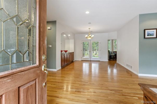 Chandelier, Empty room, Interior, Recessed Lighting, Wood Texture Flooring