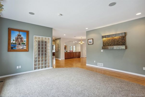 Empty room, Interior, Pendant Lights, Recessed Lighting, Wood Texture Flooring