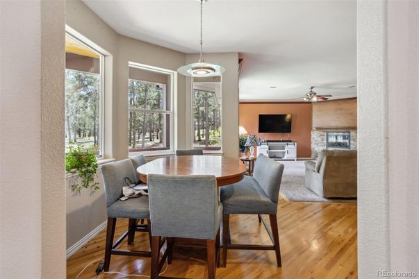 Dining room, Interior, Living room, Pendant Lights, Wood Texture Flooring