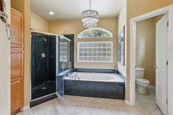 Bathroom, Chandelier, Glass Shower, Interior, Recessed Lighting