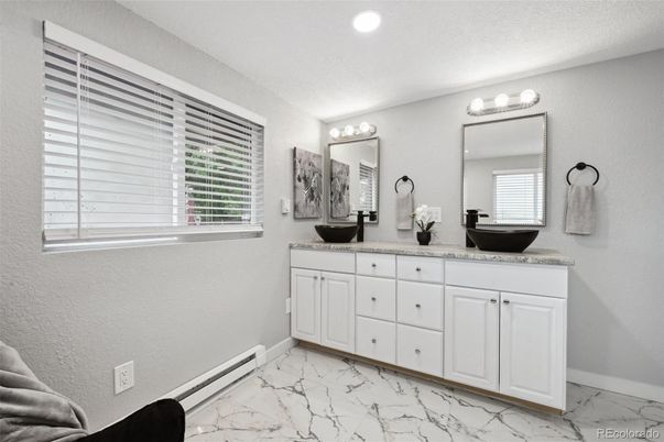 Bathroom, Dual Sink Vanities, Interior, Marble, Recessed Lighting