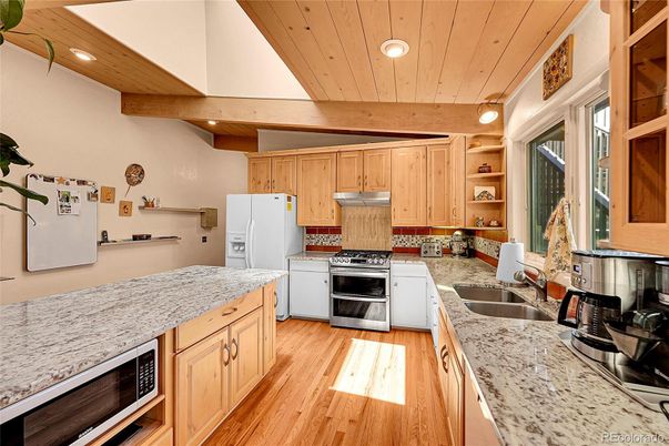 Interior, Kitchen, Recessed Lighting, Stainless Steel Appliances, Wooden Beams, Wooden Ceilings, Wood Texture Flooring
