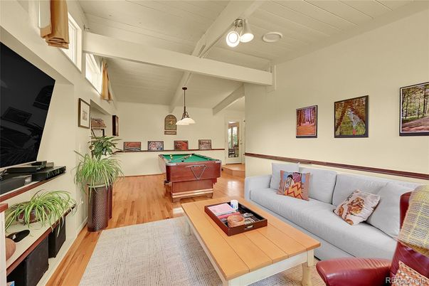 Billiard Table, Game Room, Interior, Living room, Pendant Lights, Wood Texture Flooring