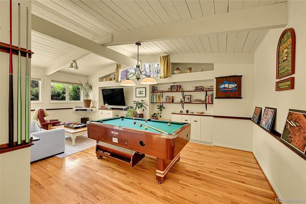 Billiard Table, Game Room, Interior, Pendant Lights, Wood Texture Flooring
