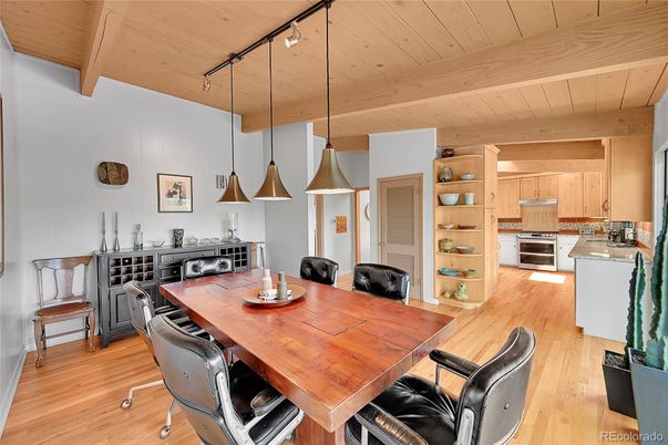Dining room, Interior, Kitchen, Pendant Lights, Wooden Ceilings, Wood Texture Flooring