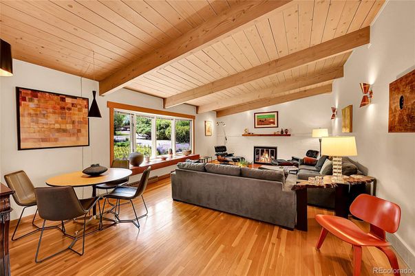 Dining room, Fireplace, Interior, Living room, Pendant Lights, Wooden Beams, Wooden Ceilings, Wood Texture Flooring