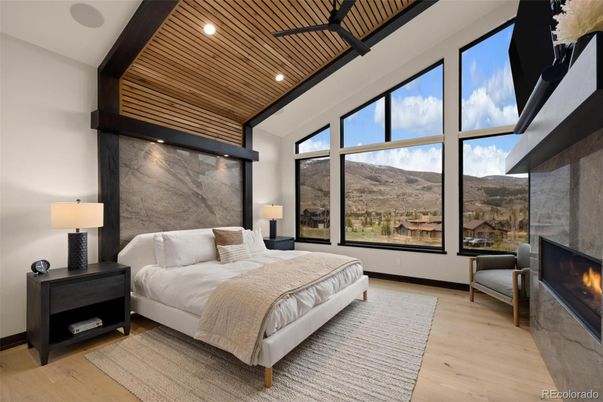Bedroom, Fireplace, Interior, Recessed Lighting, Wood Texture Flooring