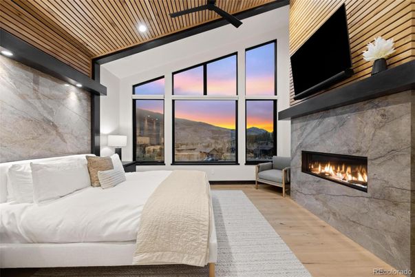 Bedroom, Fireplace, Interior, Recessed Lighting, Wooden Ceilings, Wood Texture Flooring