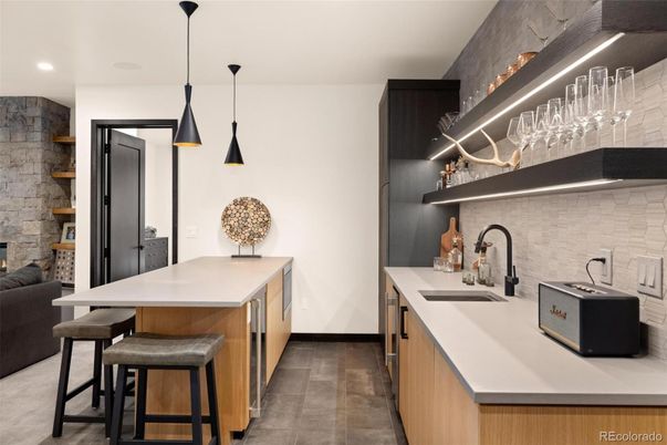 Interior, Kitchen, Pendant Lights, Recessed Lighting, Stone Walls