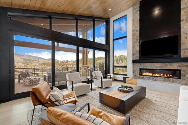 Fireplace, Interior, Living room, Recessed Lighting, Stone Walls, Wooden Ceilings, Wood Texture Flooring