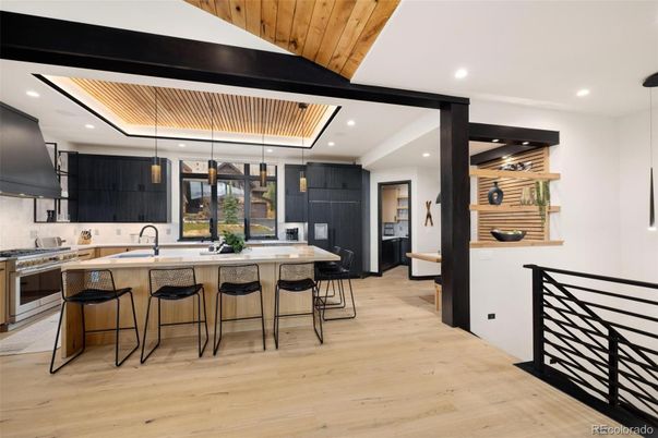 Interior, Kitchen, Pendant Lights, Recessed Lighting, Stainless Steel Appliances, Wooden Ceilings, Wood Texture Flooring