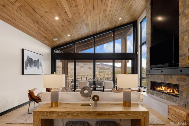 Fireplace, Interior, Living room, Recessed Lighting, Wooden Ceilings, Wood Texture Flooring