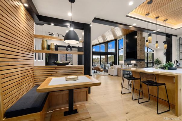 Interior, Living room, Pendant Lights, Recessed Lighting, Wooden Ceilings, Wood Texture Flooring, Wooden Walls