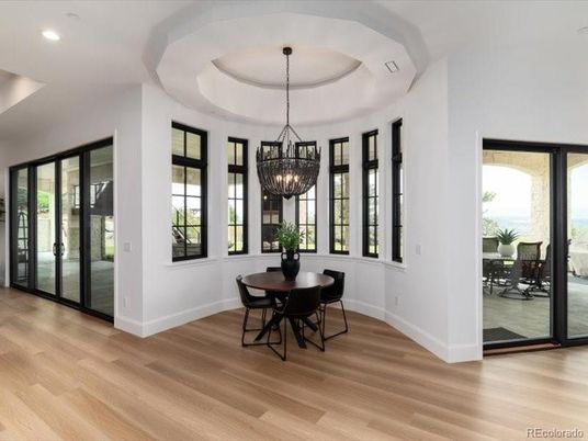 Chandelier, Dining room, Interior, Recessed Lighting, Wood Texture Flooring