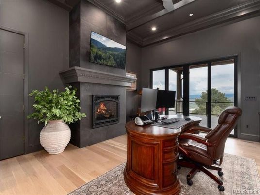 Fireplace, Home Office, Interior, Recessed Lighting, Water, Wood Texture Flooring