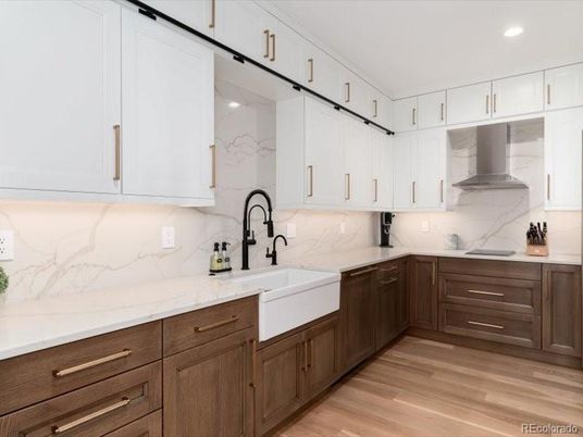 Interior, Kitchen, Marble Walls, Recessed Lighting, Wood Texture Flooring