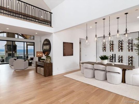 Dining room, Interior, Living room, Pendant Lights, Recessed Lighting, Water, Wood Texture Flooring