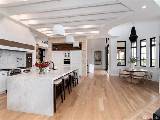 Dining room, Interior, Kitchen, Pendant Lights, Recessed Lighting, Stainless Steel Appliances, Wood Texture Flooring