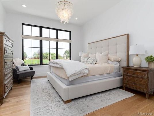 Bedroom, Chandelier, Interior, Recessed Lighting, Wood Texture Flooring
