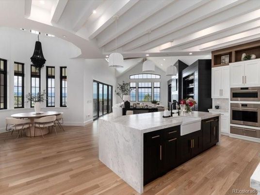 Dining room, Interior, Kitchen, Pendant Lights, Recessed Lighting, Stainless Steel Appliances, Water, Wood Texture Flooring