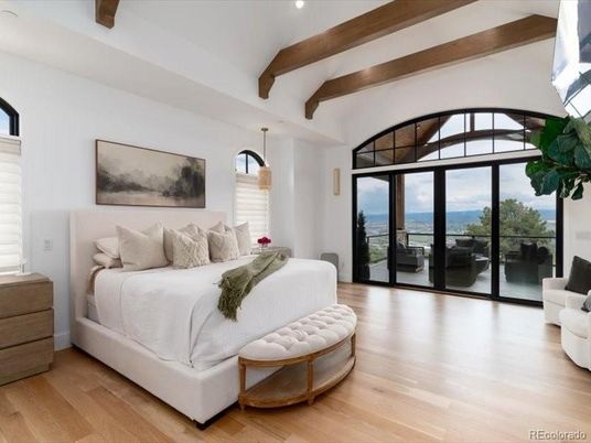 Bedroom, Interior, Pendant Lights, Recessed Lighting, Water, Wooden Beams, Wood Texture Flooring