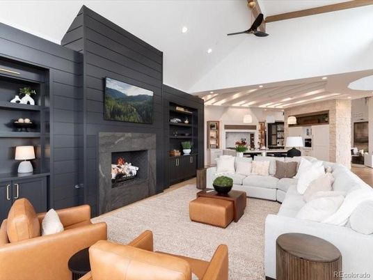 Dining room, Fireplace, Interior, Kitchen, Living room, Pendant Lights, Recessed Lighting, Stone Walls