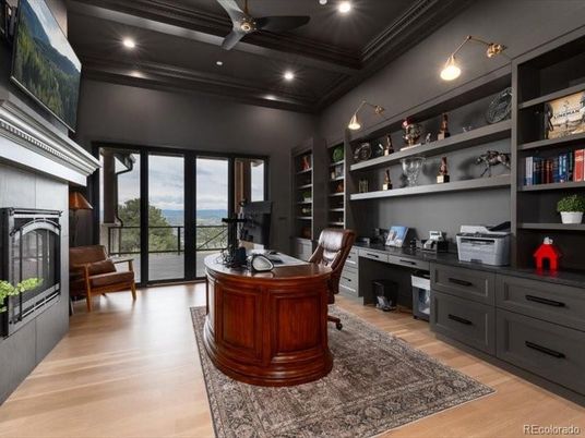 Fireplace, Home Office, Interior, Recessed Lighting, Water, Wood Texture Flooring