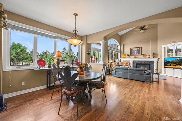 Dining room, Fireplace, Interior, Living room, Pendant Lights, Wood Texture Flooring