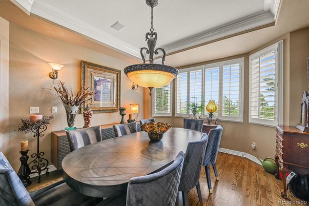 Dining room, Interior, Pendant Lights, Wood Texture Flooring