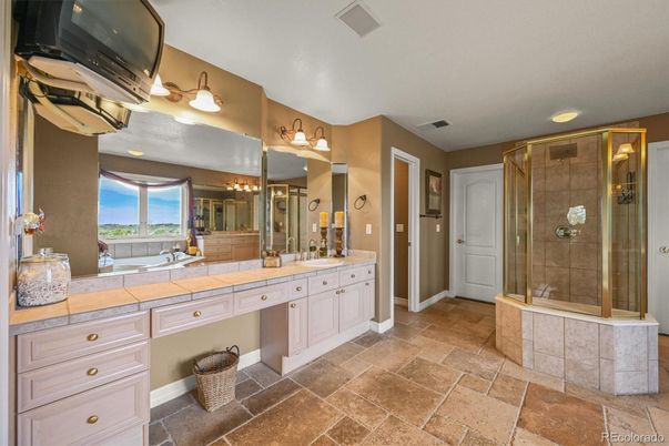 Bathroom, Dual Sink Vanities, Glass Shower, Interior, Tile Countertops
