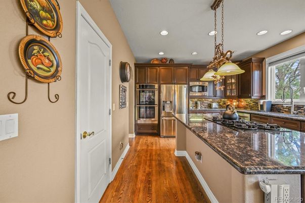 Interior, Kitchen, Pendant Lights, Recessed Lighting, Stainless Steel Appliances, Wood Texture Flooring