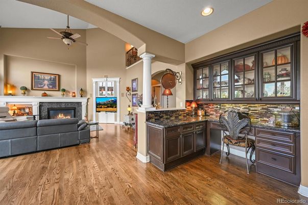 Fireplace, Interior, Living room, Recessed Lighting, Wood Texture Flooring