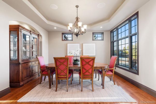 Chandelier, Dining room, Interior, Recessed Lighting, Wood Texture Flooring