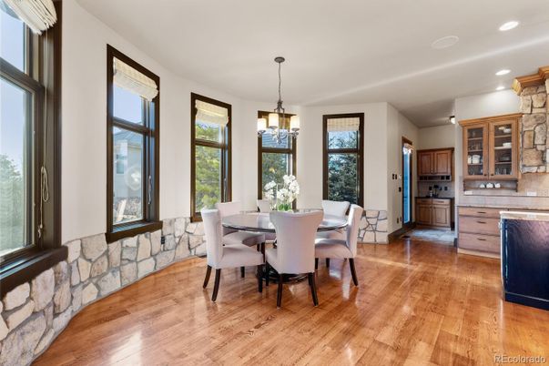 Chandelier, Dining room, Interior, Kitchen, Recessed Lighting, Stone Walls, Wood Texture Flooring